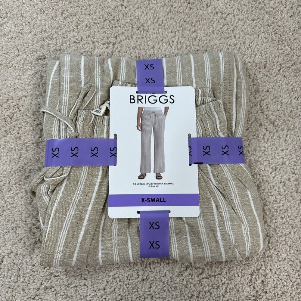 Briggs Ladies Pants XS Linen Blend Pull On Loose Fit White Tan Casual Career NWT - Picture 2 of 6